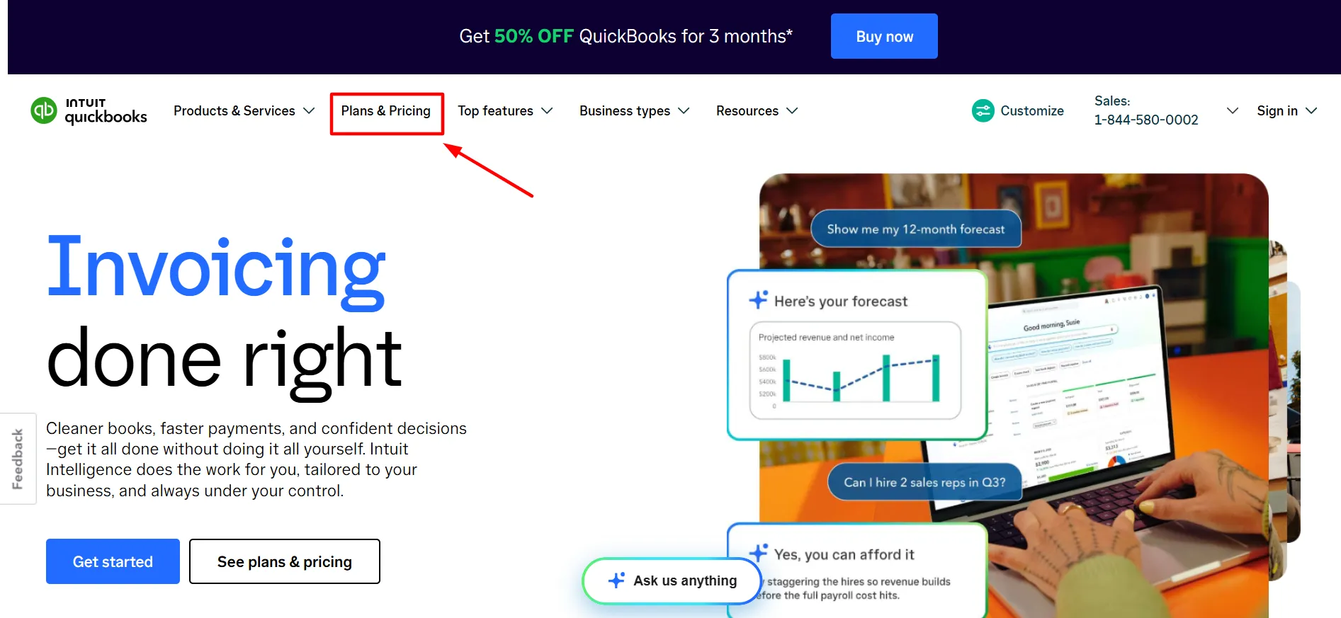 QuickBooks homepage with the Plans and Pricing menu highlighted QuickBooks homepage with the Plans and Pricing menu highlighted