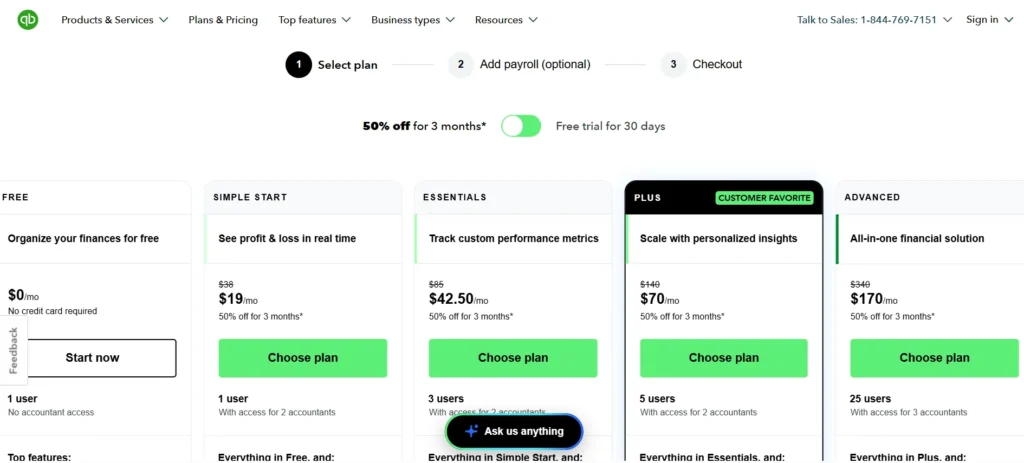 QuickBooks Pricing plans