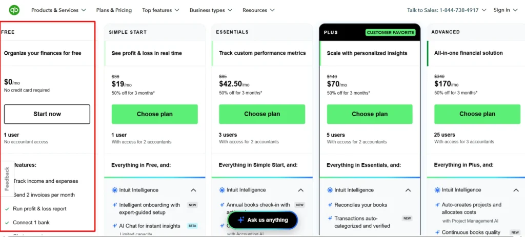 Quickbooks Free plan
