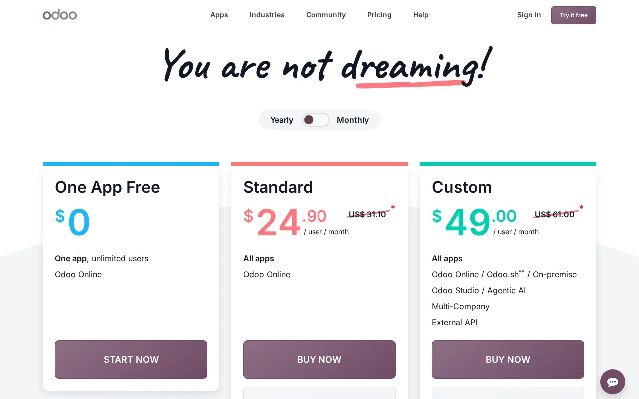 Odoo official pricing page