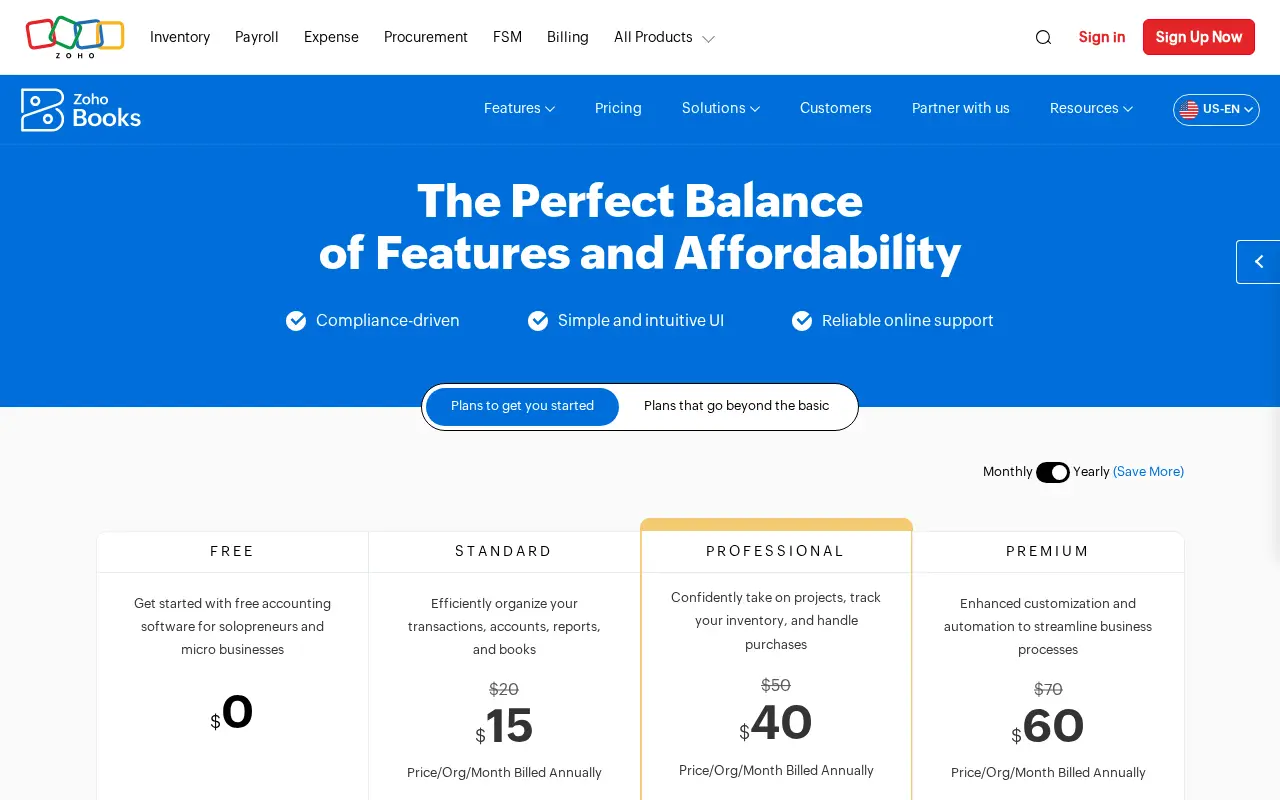Zoho Books US official pricing page